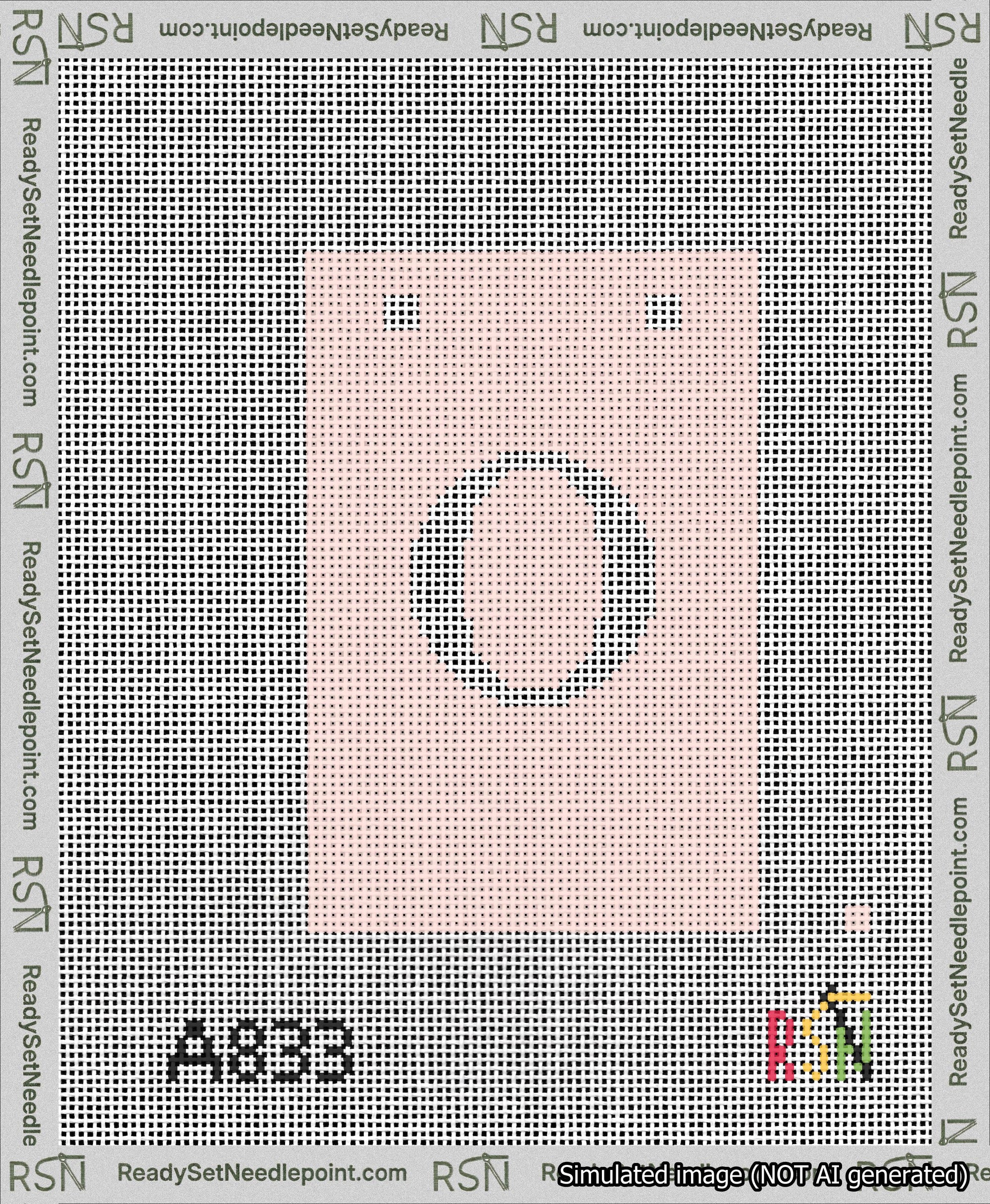 A taped needlepoint canvas with the design: Banner 13 mesh count Squared O White on Pink.