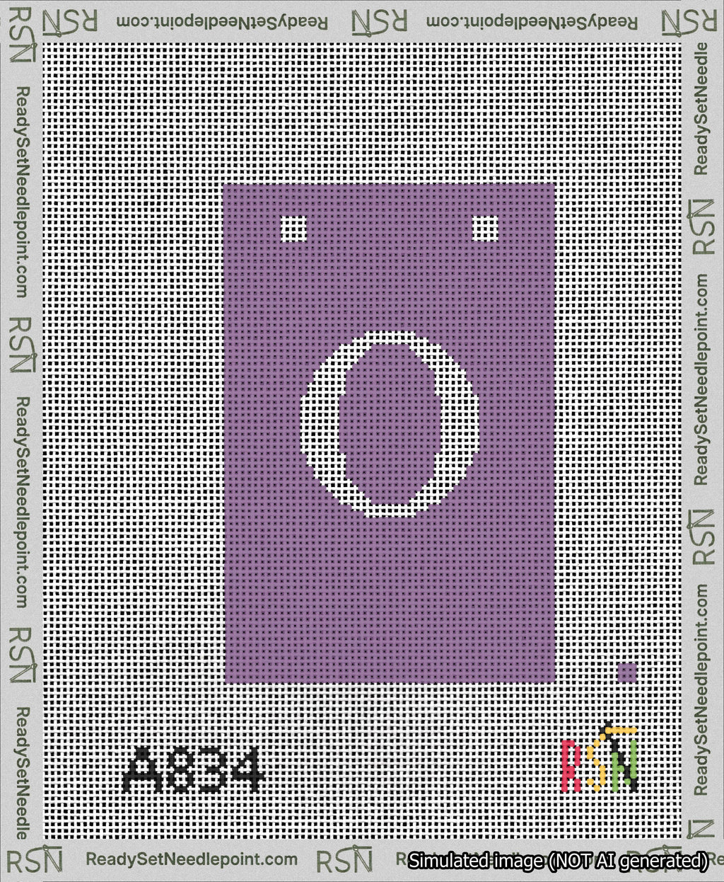 A taped needlepoint canvas with the design: Banner 13 mesh count Squared O White on Purple.