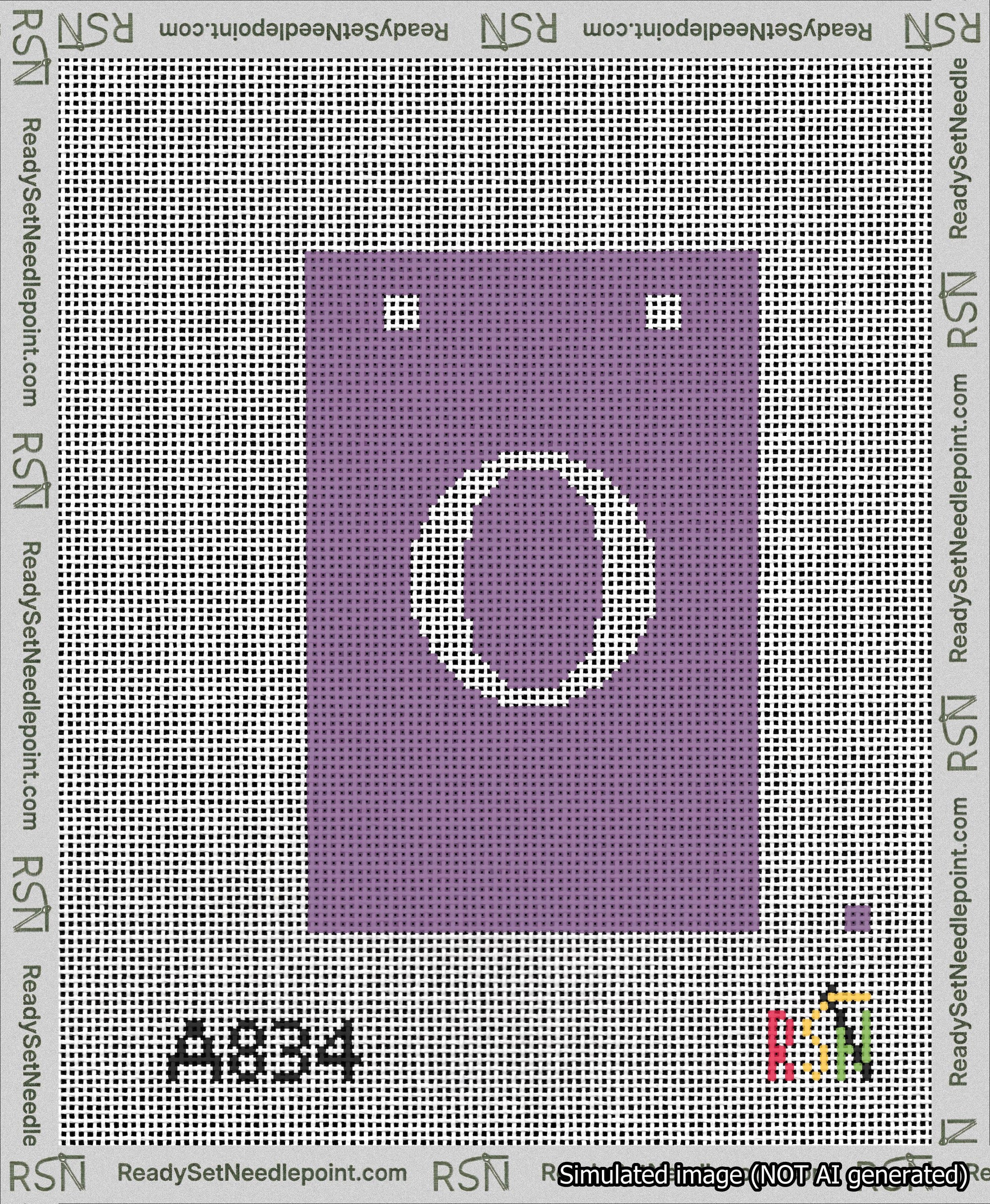 A taped needlepoint canvas with the design: Banner 13 mesh count Squared O White on Purple.