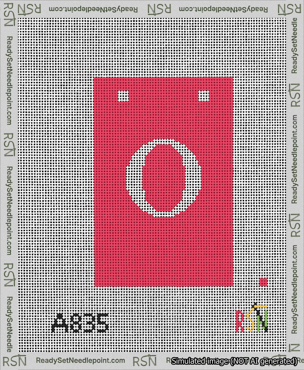 A taped needlepoint canvas with the design: Banner 13 mesh count Squared O White on Red.