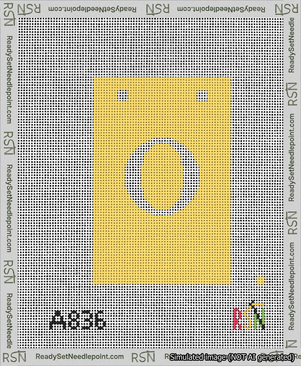 A taped needlepoint canvas with the design: Banner 13 mesh count Squared O White on Yellow.