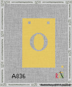 A taped needlepoint canvas with the design: Banner 13 mesh count Squared O White on Yellow.
