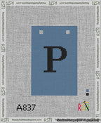 A taped needlepoint canvas with the design: Banner 13 mesh count Squared P Black on Blue.