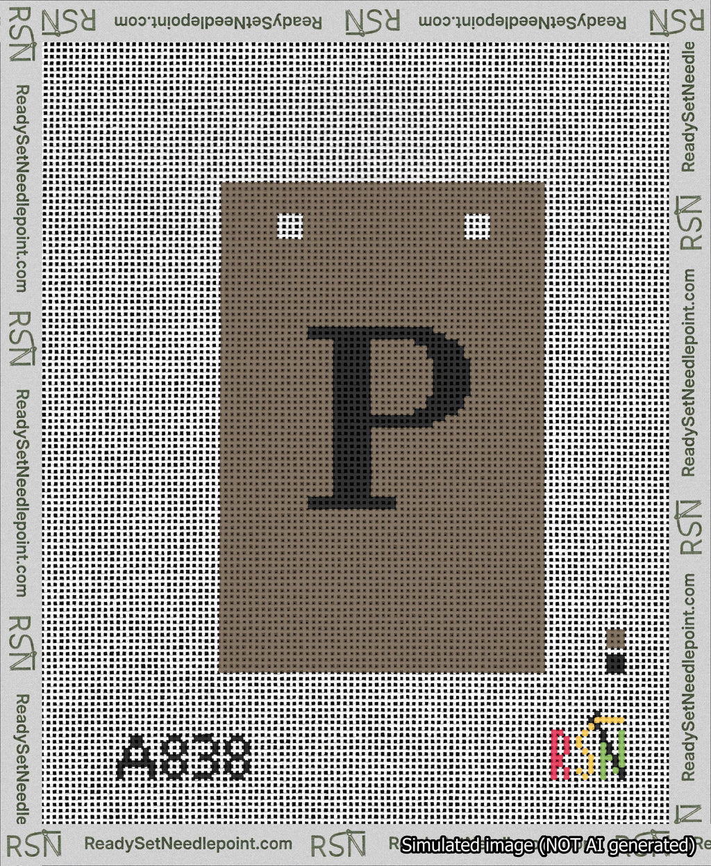 A taped needlepoint canvas with the design: Banner 13 mesh count Squared P Black on Brown.