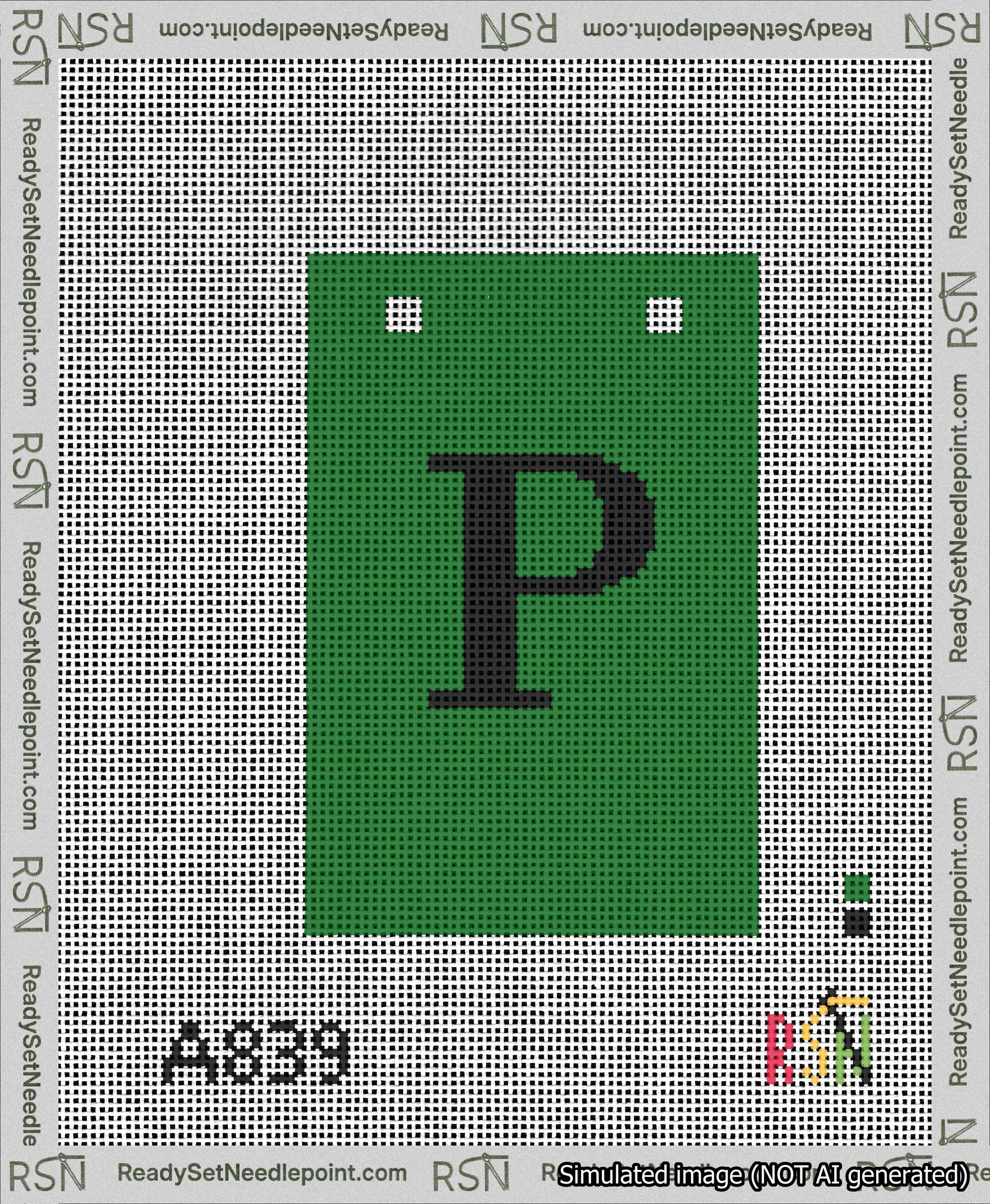 A taped needlepoint canvas with the design: Banner 13 mesh count Squared P Black on Green.