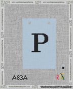 A taped needlepoint canvas with the design: Banner 13 mesh count Squared P Black on Light Blue.