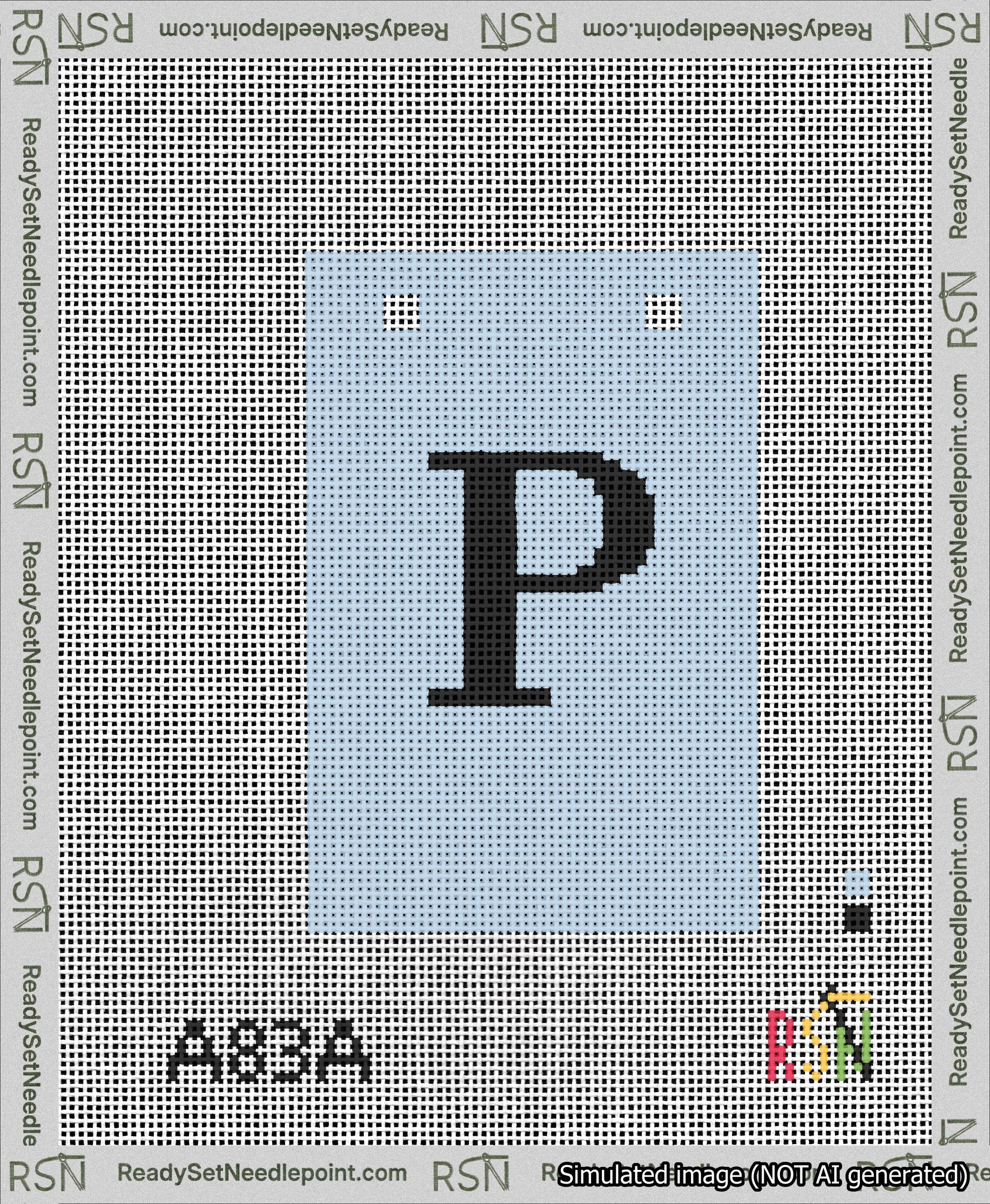 A taped needlepoint canvas with the design: Banner 13 mesh count Squared P Black on Light Blue.