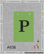 A taped needlepoint canvas with the design: Banner 13 mesh count Squared P Black on Light Green.