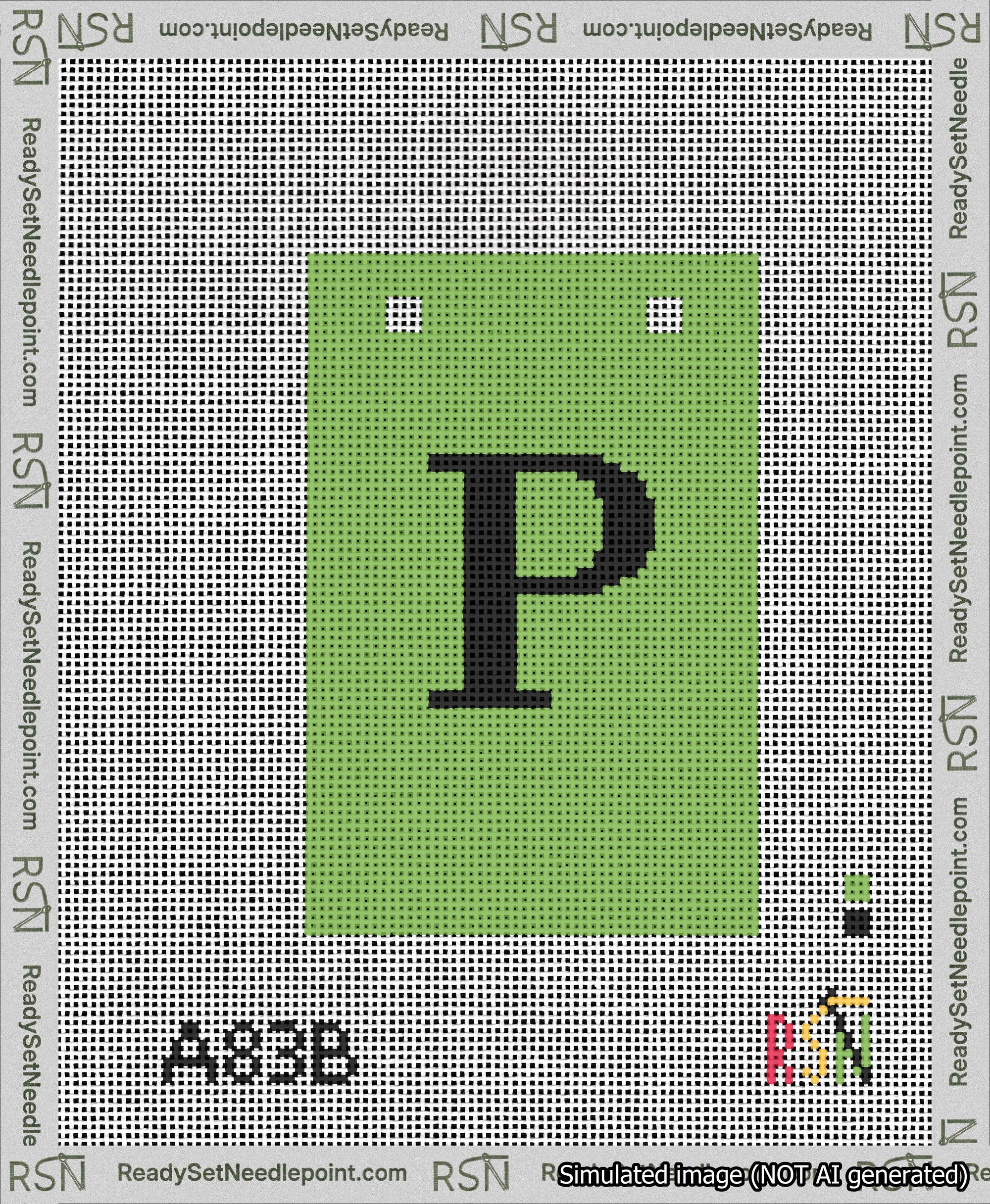 A taped needlepoint canvas with the design: Banner 13 mesh count Squared P Black on Light Green.