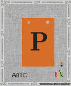 A taped needlepoint canvas with the design: Banner 13 mesh count Squared P Black on Orange.