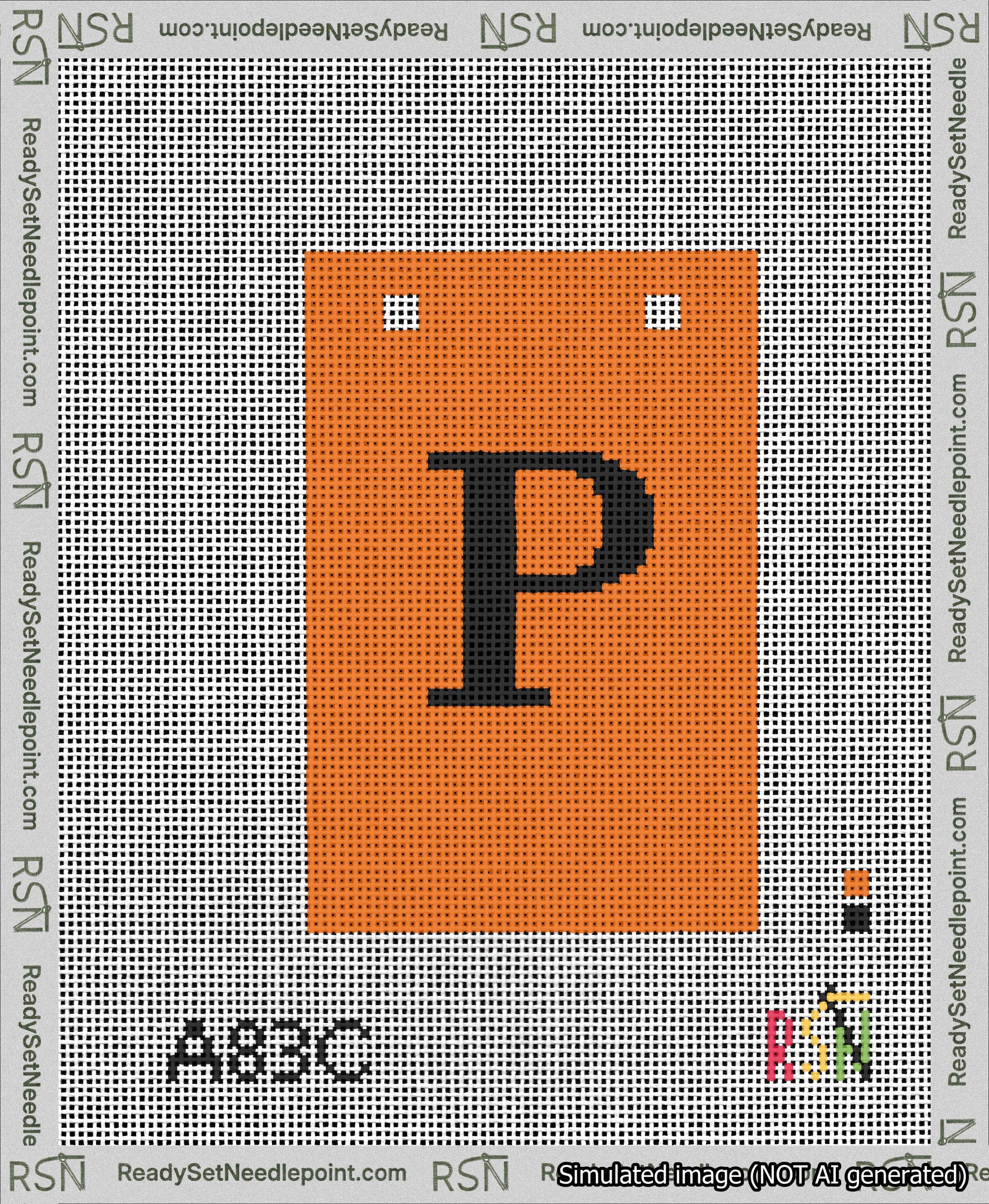 A taped needlepoint canvas with the design: Banner 13 mesh count Squared P Black on Orange.