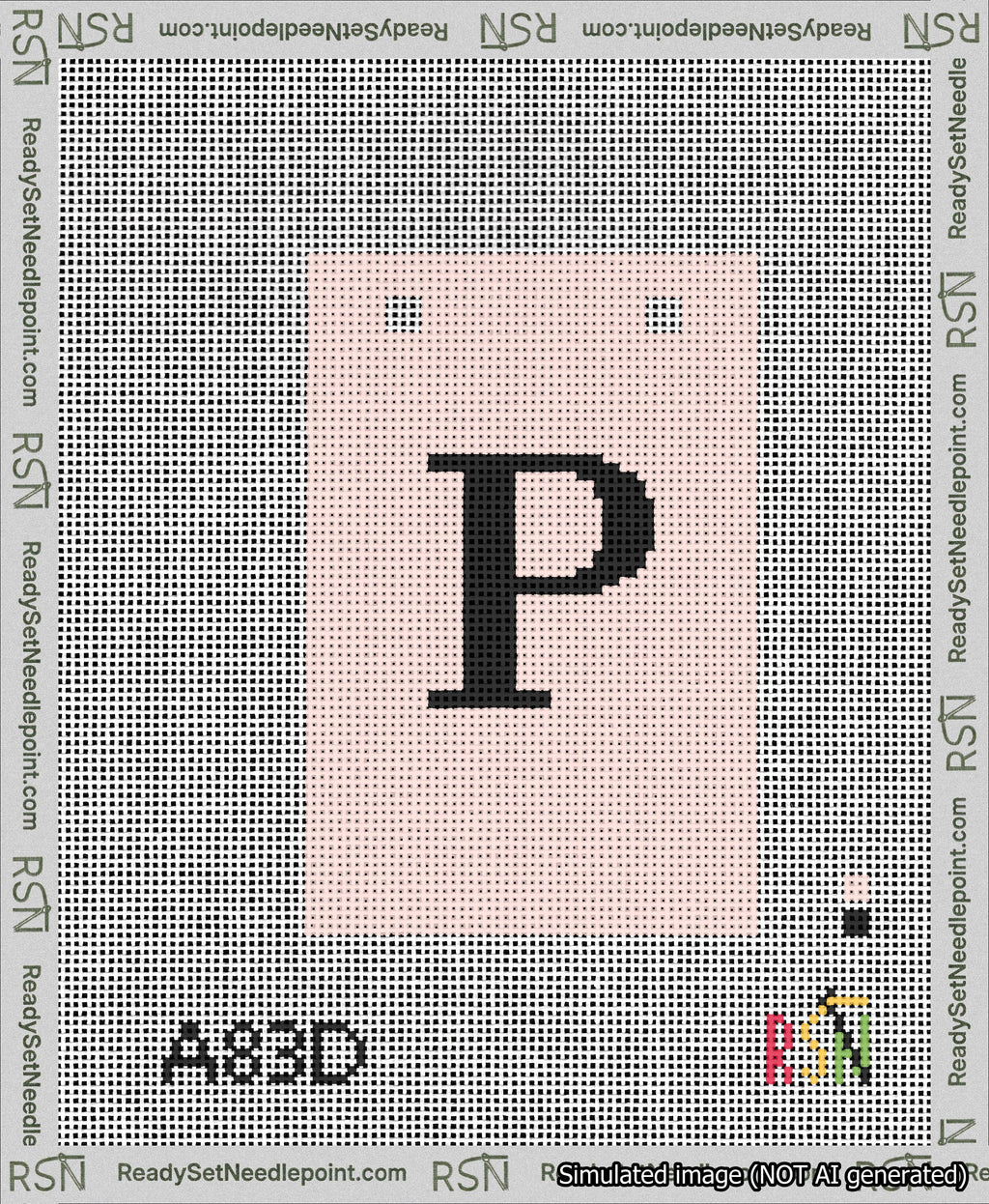 A taped needlepoint canvas with the design: Banner 13 mesh count Squared P Black on Pink.