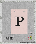 A taped needlepoint canvas with the design: Banner 13 mesh count Squared P Black on Pink.