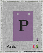 A taped needlepoint canvas with the design: Banner 13 mesh count Squared P Black on Purple.