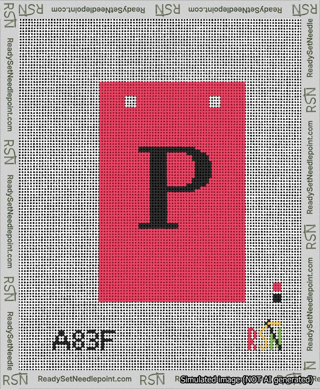 A taped needlepoint canvas with the design: Banner 13 mesh count Squared P Black on Red.
