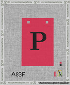 A taped needlepoint canvas with the design: Banner 13 mesh count Squared P Black on Red.