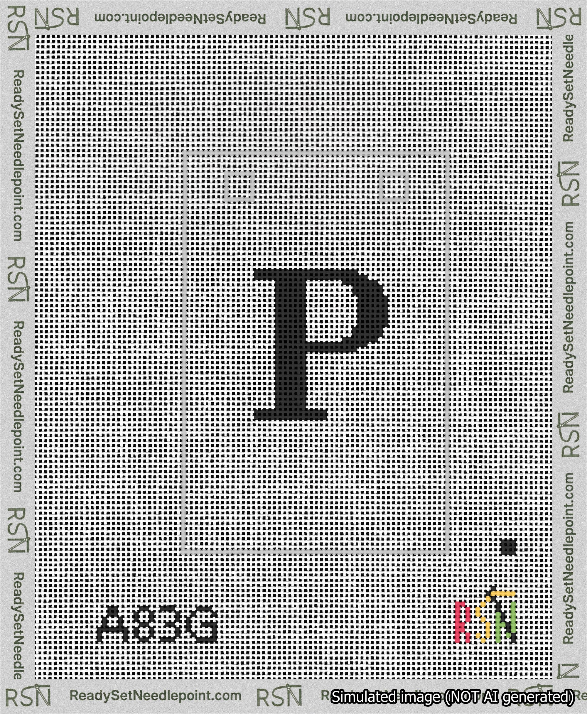 A taped needlepoint canvas with the design: Banner 13 mesh count Squared P Black on White.