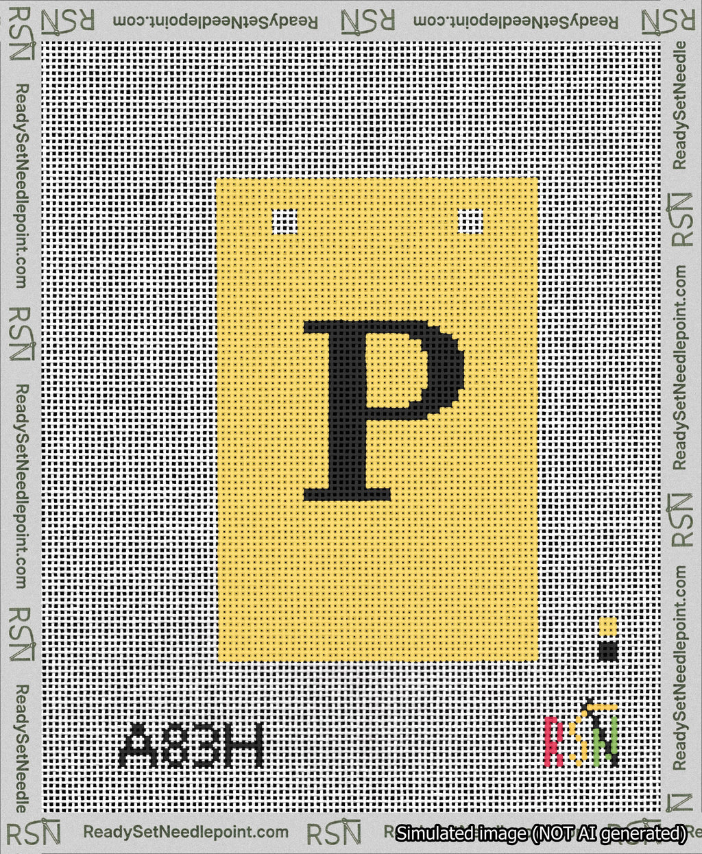 A taped needlepoint canvas with the design: Banner 13 mesh count Squared P Black on Yellow.