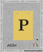 A taped needlepoint canvas with the design: Banner 13 mesh count Squared P Black on Yellow.
