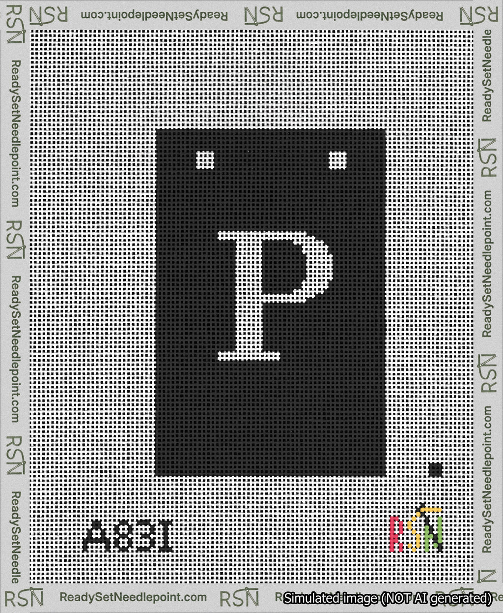 A taped needlepoint canvas with the design: Banner 13 mesh count Squared P White on Black.