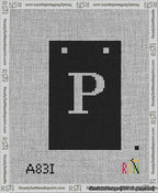 A taped needlepoint canvas with the design: Banner 13 mesh count Squared P White on Black.