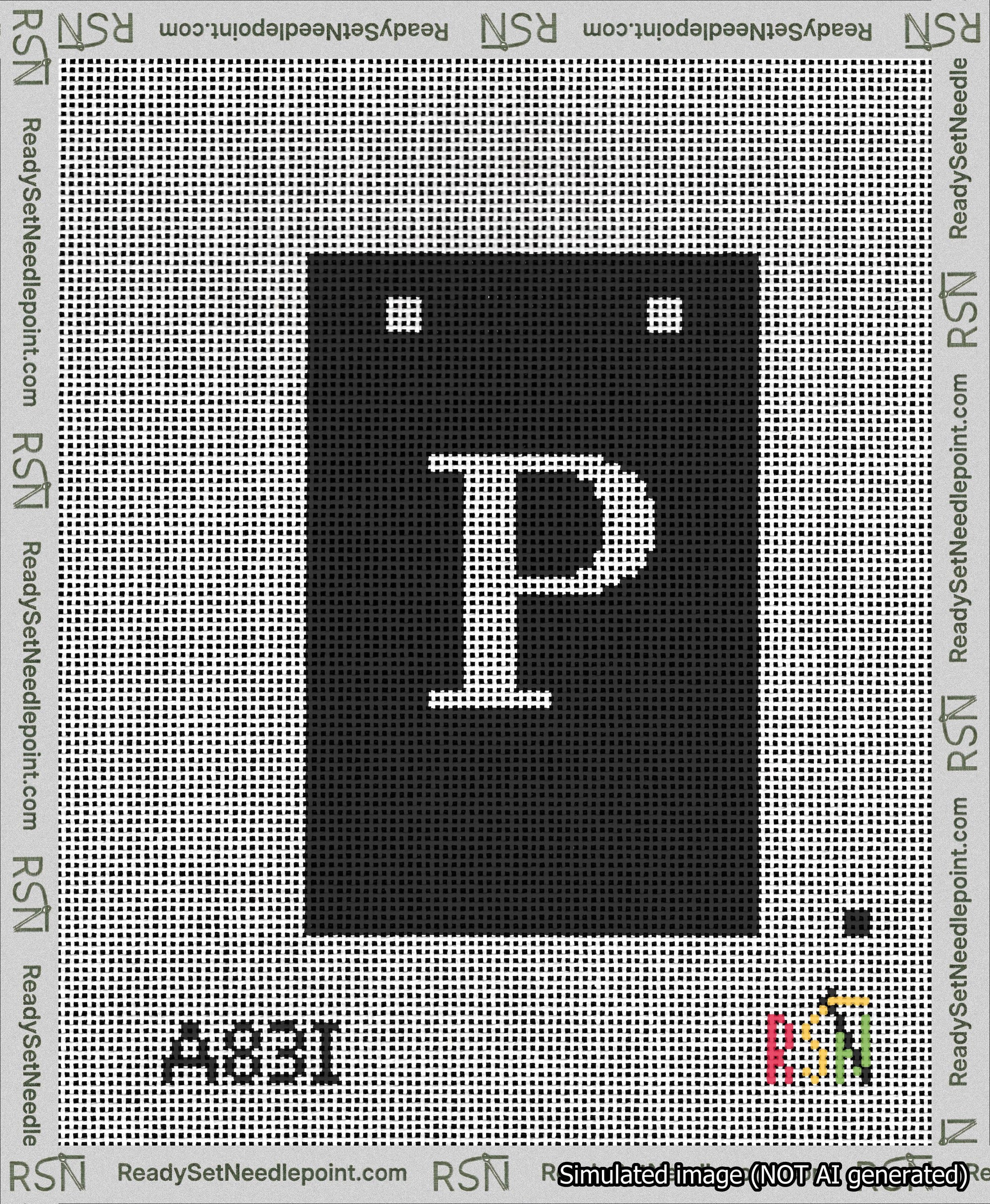A taped needlepoint canvas with the design: Banner 13 mesh count Squared P White on Black.