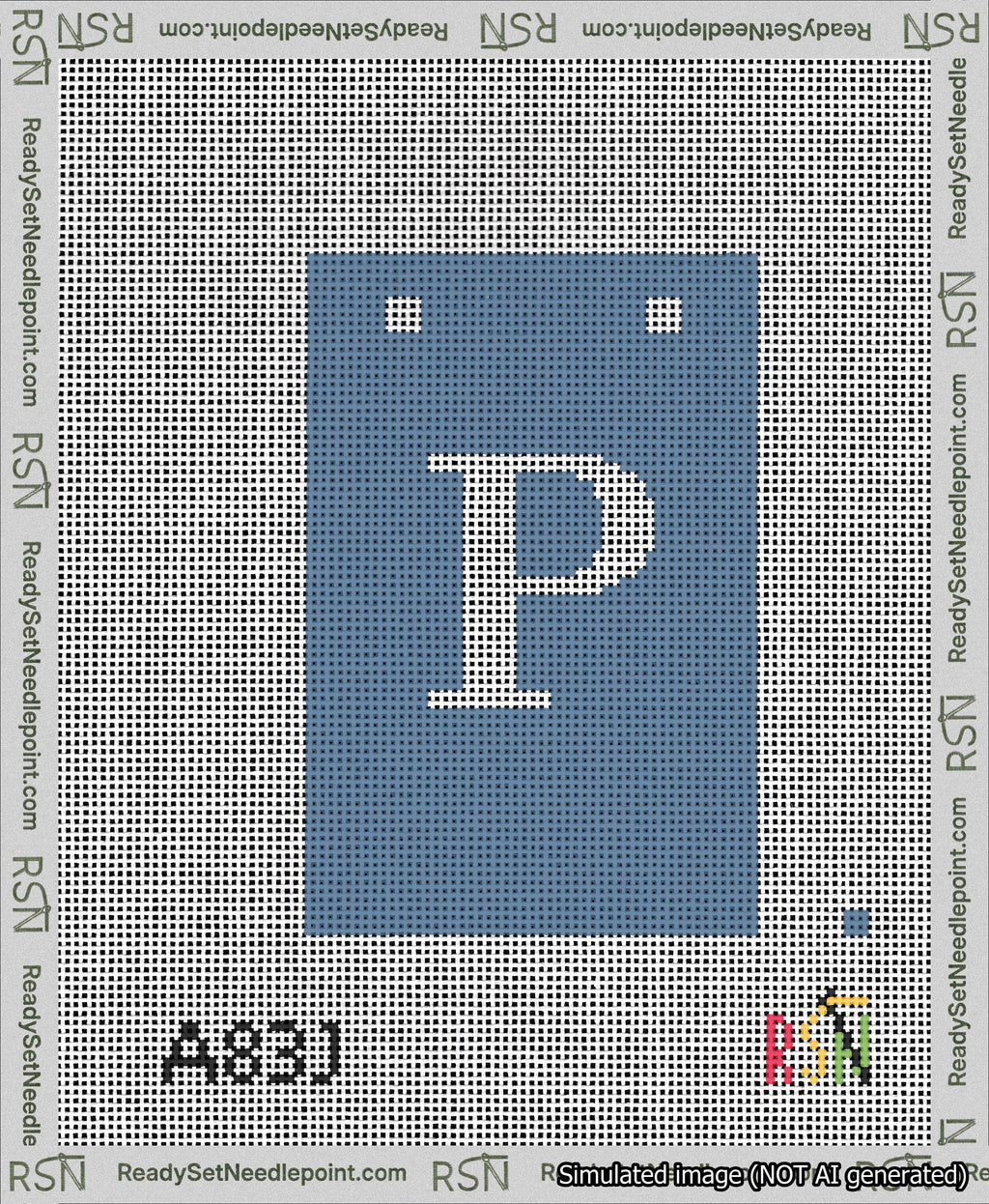 A taped needlepoint canvas with the design: Banner 13 mesh count Squared P White on Blue.