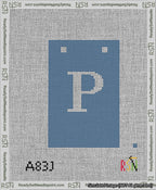 A taped needlepoint canvas with the design: Banner 13 mesh count Squared P White on Blue.