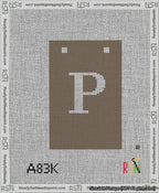 A taped needlepoint canvas with the design: Banner 13 mesh count Squared P White on Brown.