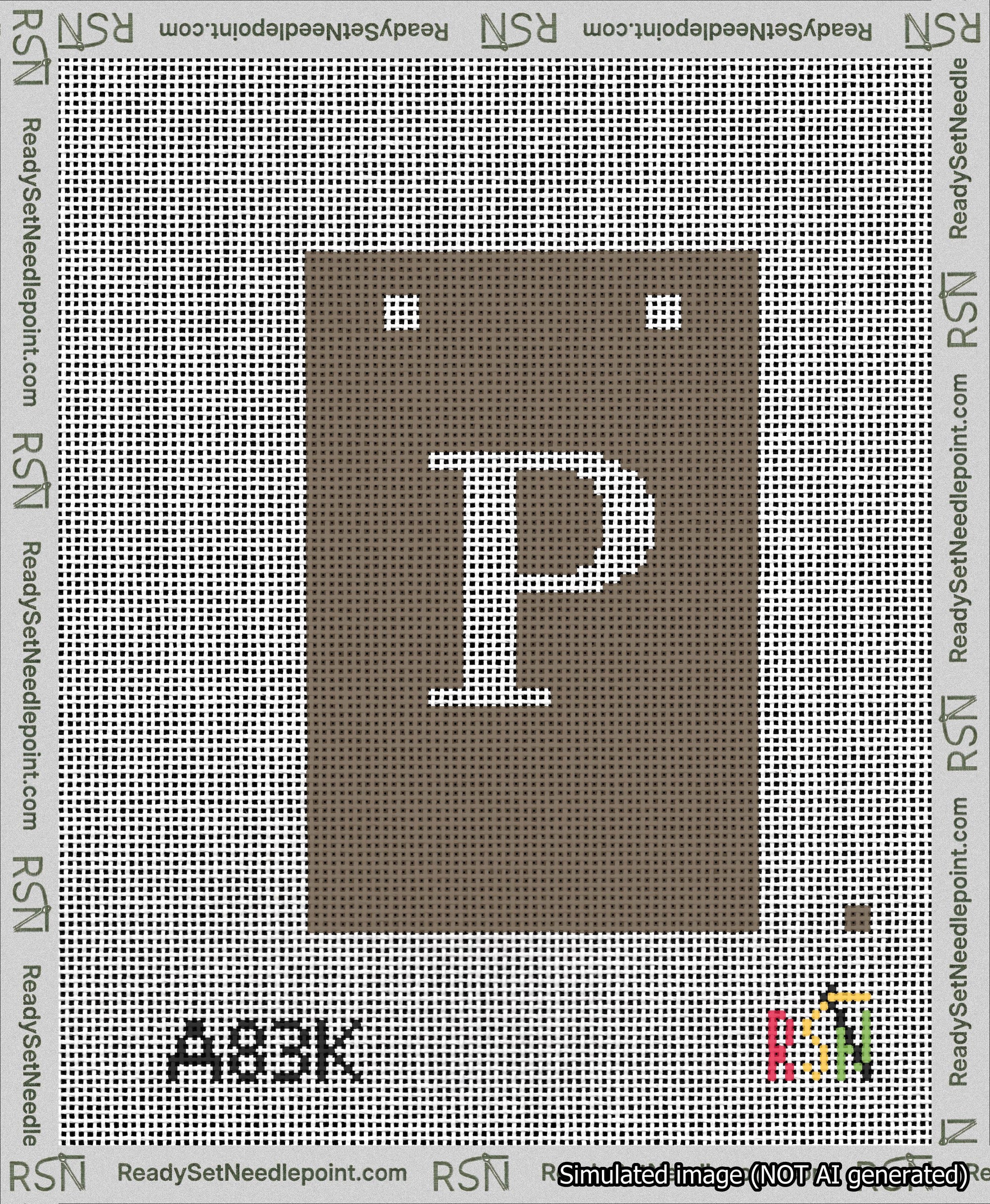 A taped needlepoint canvas with the design: Banner 13 mesh count Squared P White on Brown.