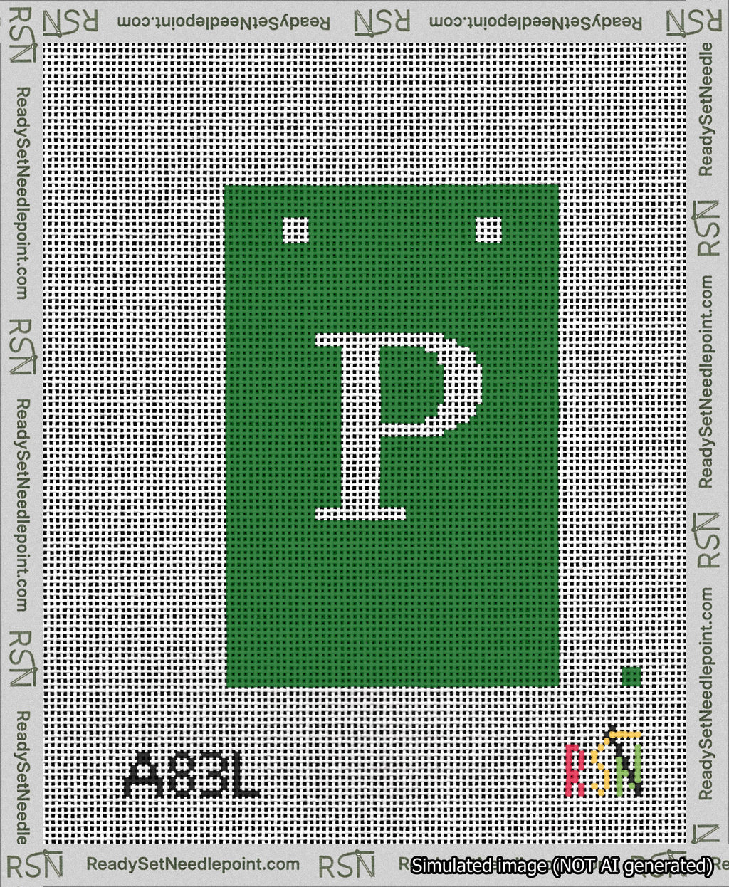 A taped needlepoint canvas with the design: Banner 13 mesh count Squared P White on Green.
