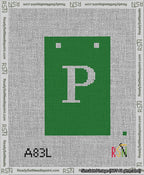 A taped needlepoint canvas with the design: Banner 13 mesh count Squared P White on Green.