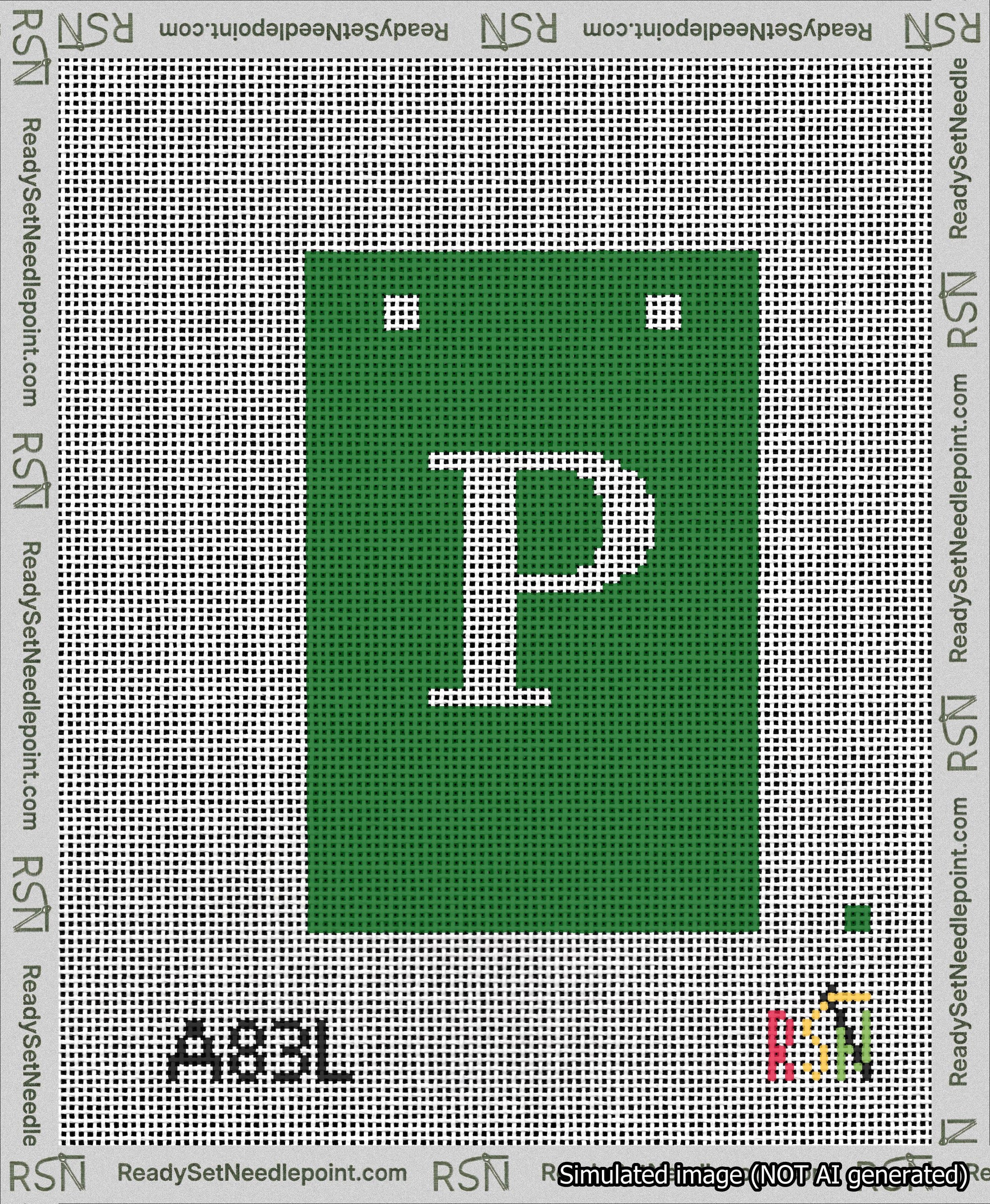 A taped needlepoint canvas with the design: Banner 13 mesh count Squared P White on Green.