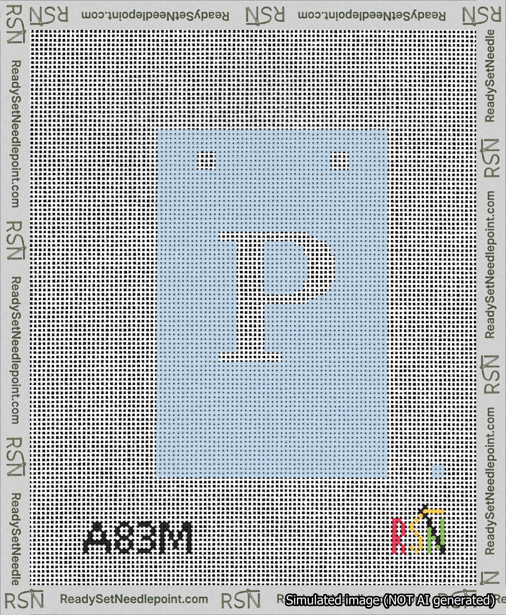 A taped needlepoint canvas with the design: Banner 13 mesh count Squared P White on Light Blue.