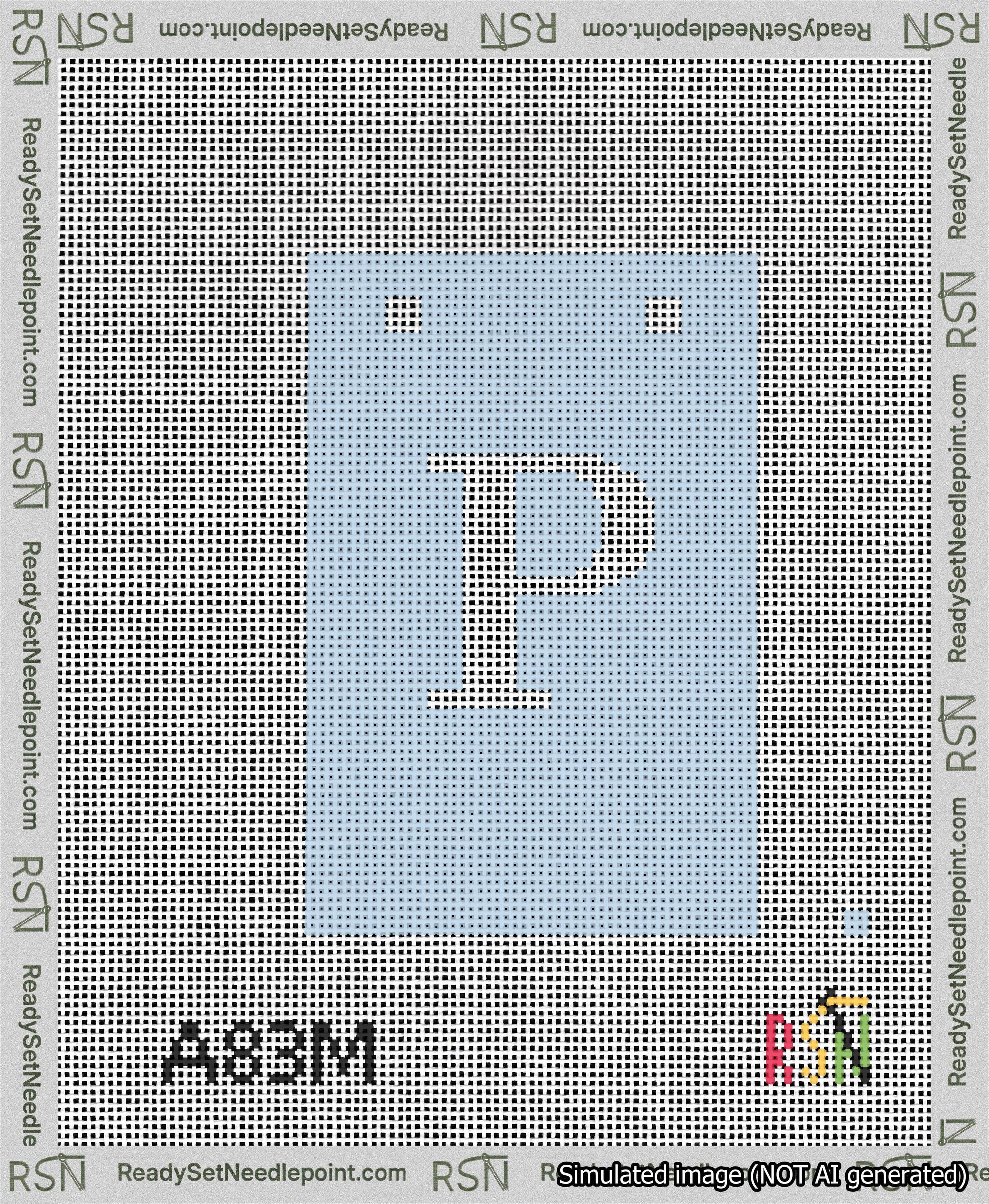 A taped needlepoint canvas with the design: Banner 13 mesh count Squared P White on Light Blue.