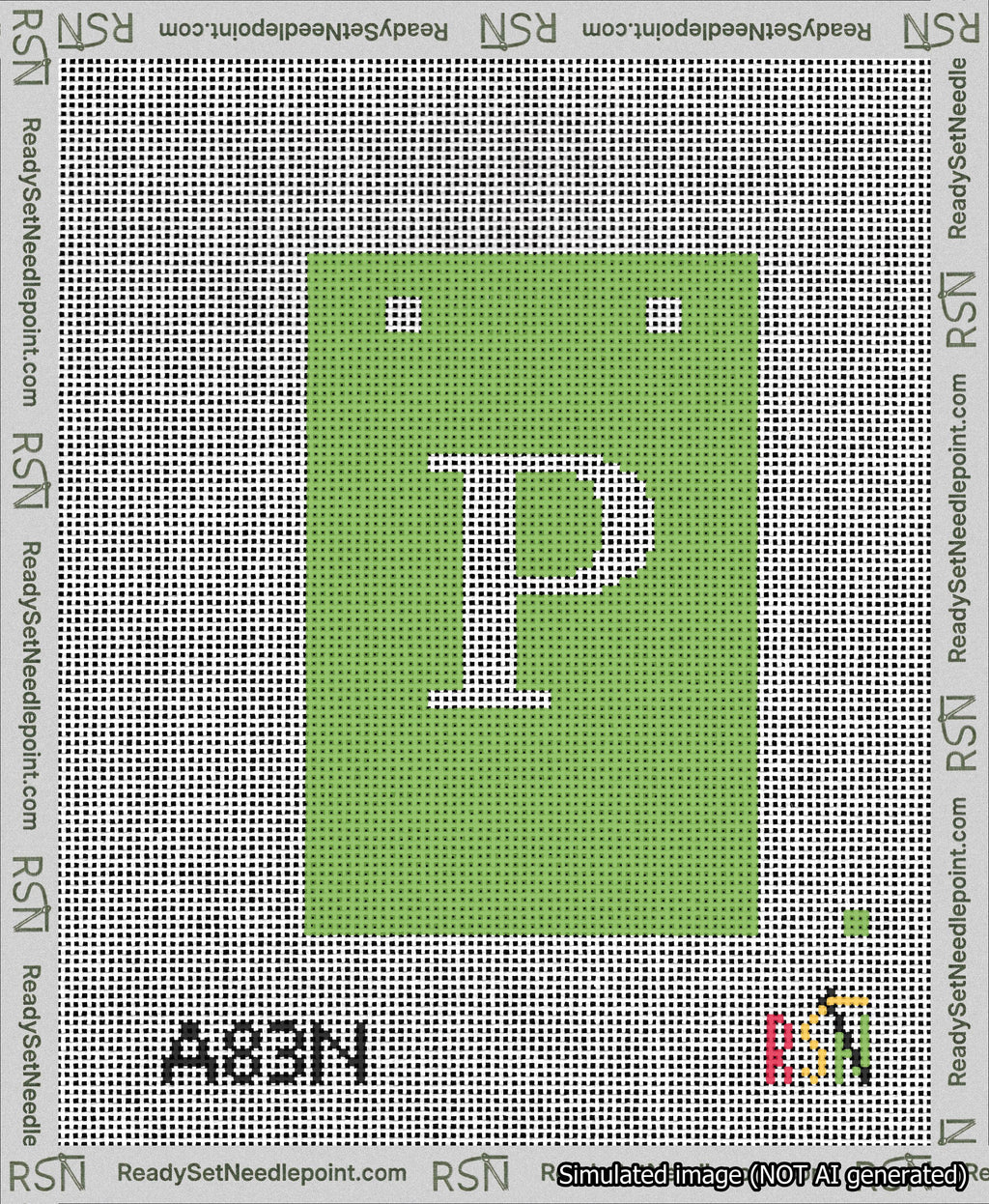 A taped needlepoint canvas with the design: Banner 13 mesh count Squared P White on Light Green.