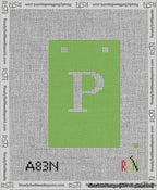 A taped needlepoint canvas with the design: Banner 13 mesh count Squared P White on Light Green.