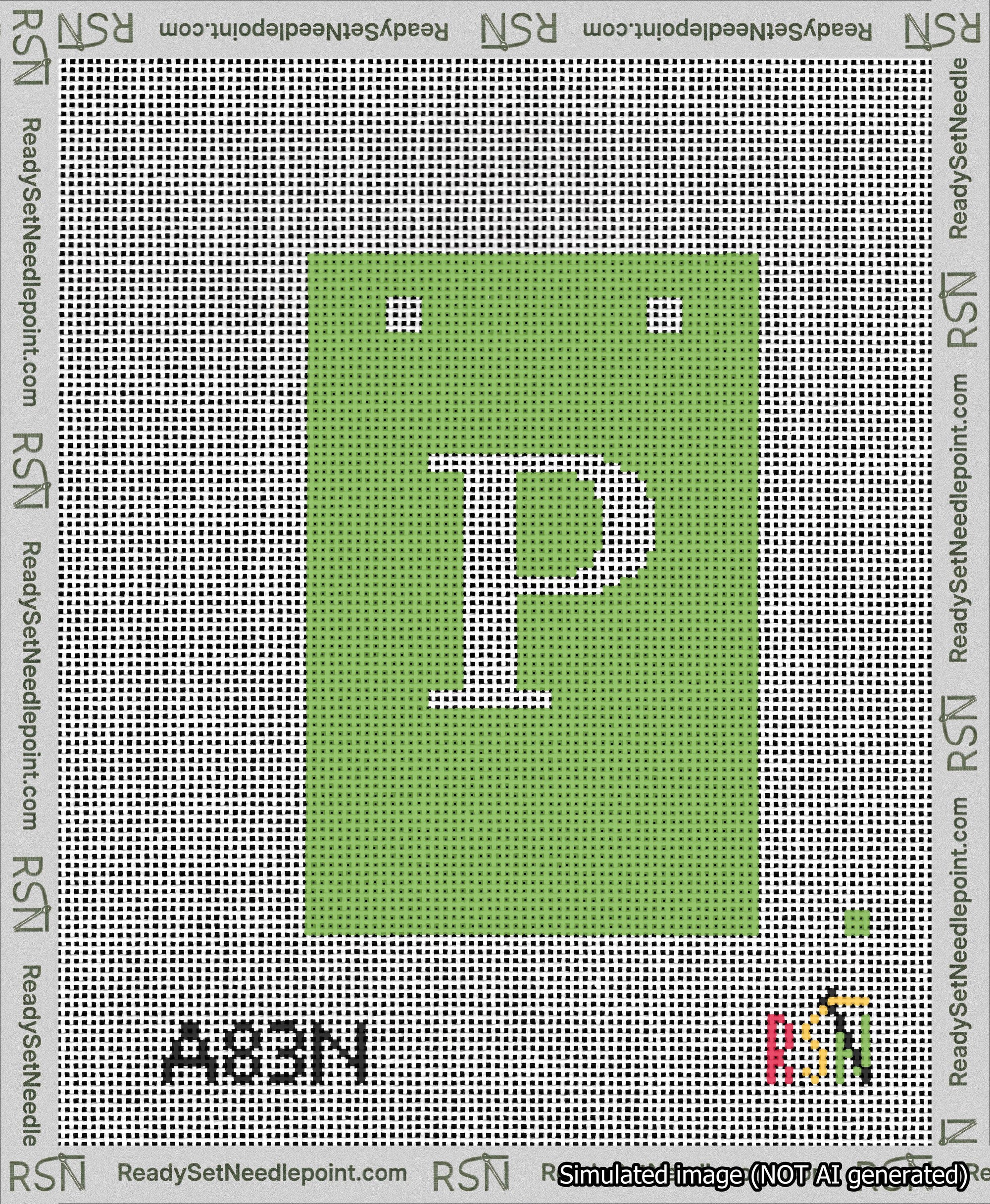 A taped needlepoint canvas with the design: Banner 13 mesh count Squared P White on Light Green.