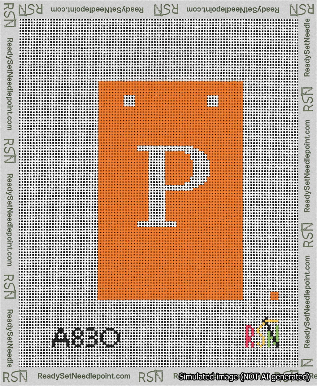 A taped needlepoint canvas with the design: Banner 13 mesh count Squared P White on Orange.