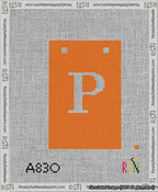 A taped needlepoint canvas with the design: Banner 13 mesh count Squared P White on Orange.