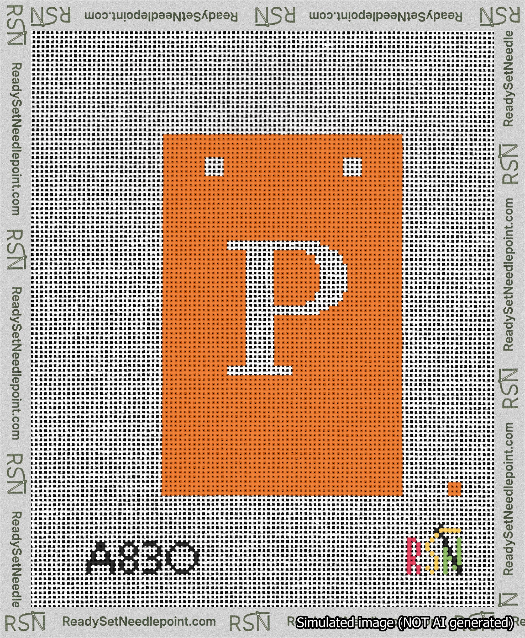 A taped needlepoint canvas with the design: Banner 13 mesh count Squared P White on Orange.