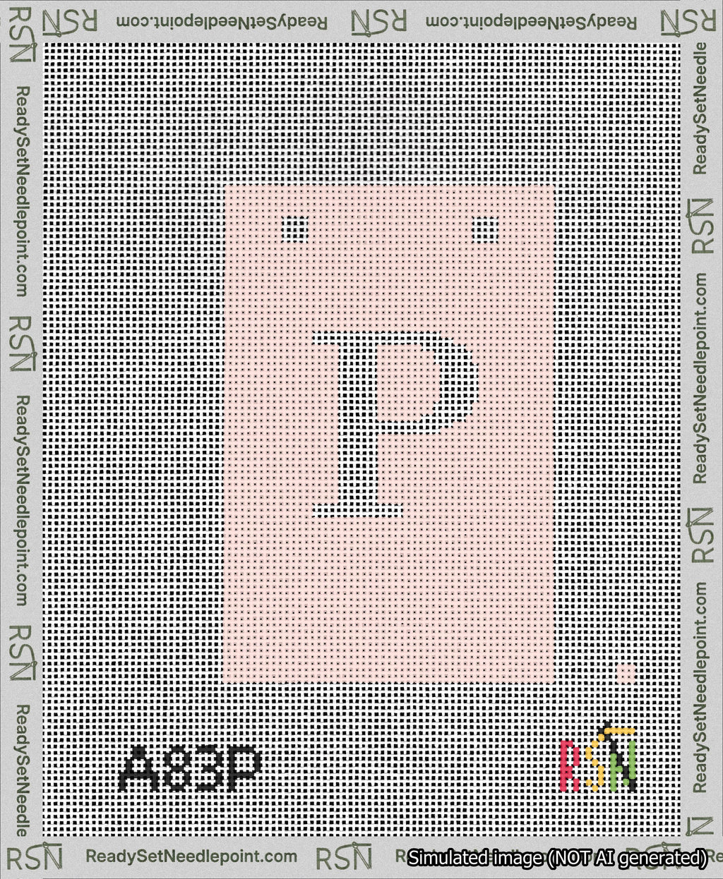 A taped needlepoint canvas with the design: Banner 13 mesh count Squared P White on Pink.