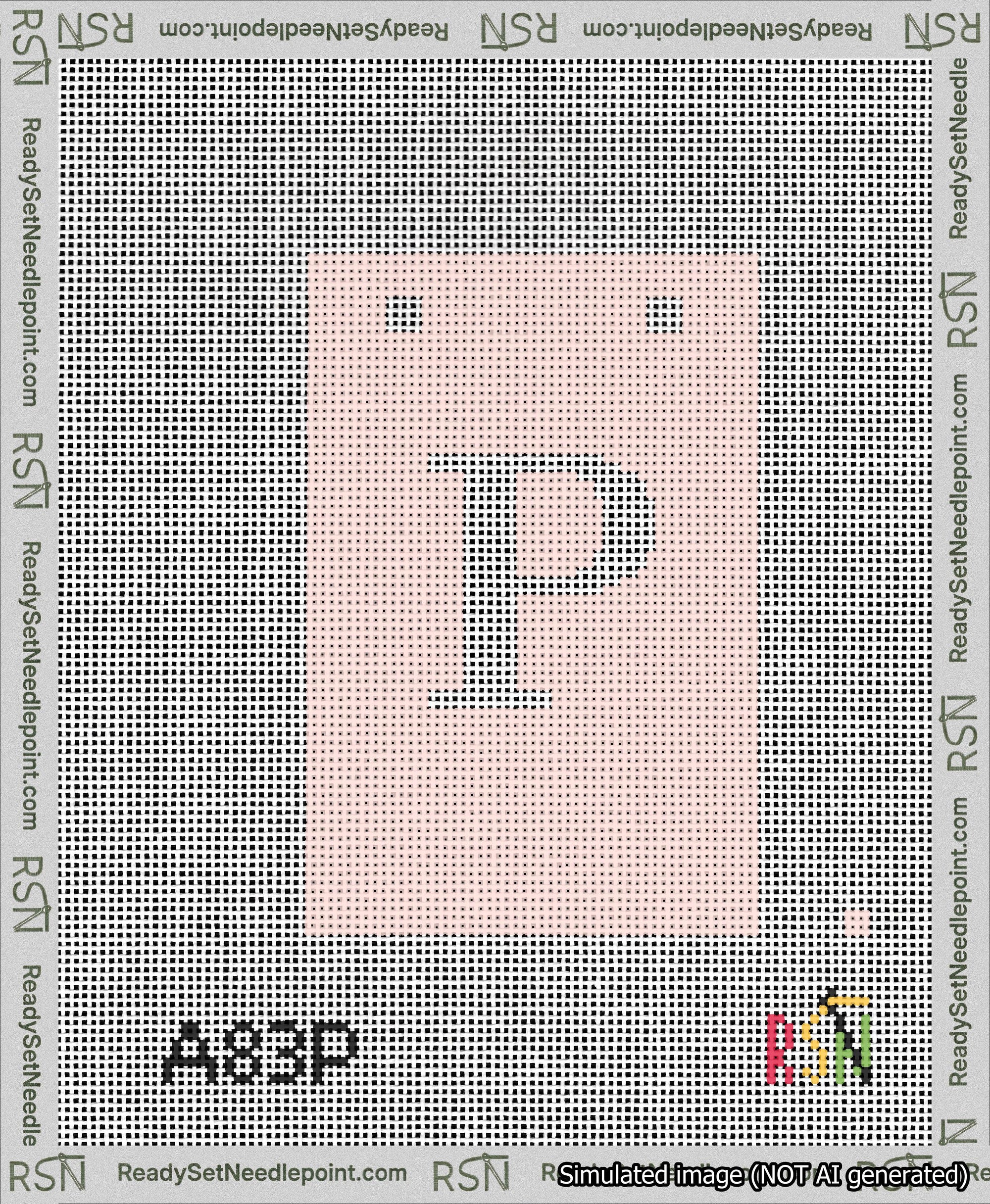 A taped needlepoint canvas with the design: Banner 13 mesh count Squared P White on Pink.