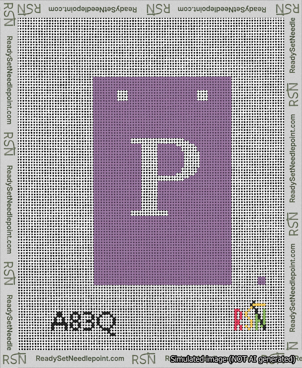 A taped needlepoint canvas with the design: Banner 13 mesh count Squared P White on Purple.