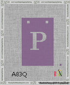 A taped needlepoint canvas with the design: Banner 13 mesh count Squared P White on Purple.