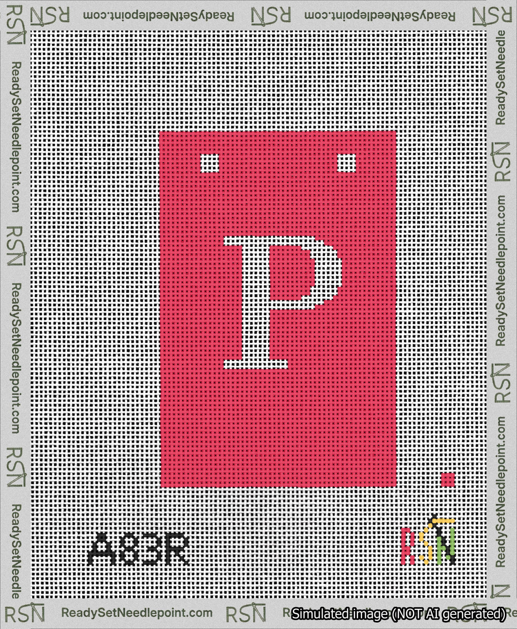 A taped needlepoint canvas with the design: Banner 13 mesh count Squared P White on Red.