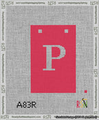 A taped needlepoint canvas with the design: Banner 13 mesh count Squared P White on Red.