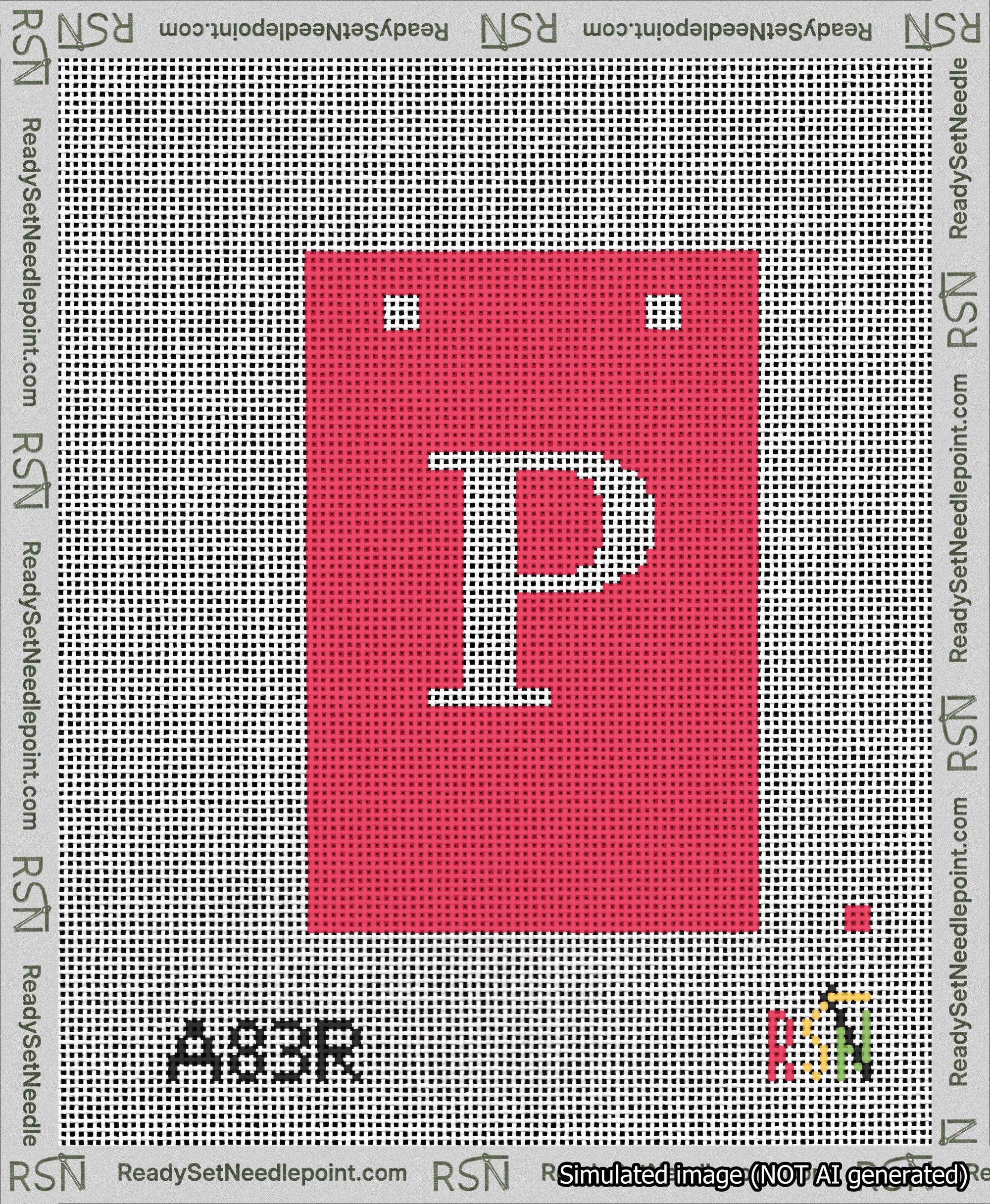 A taped needlepoint canvas with the design: Banner 13 mesh count Squared P White on Red.