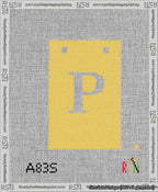 A taped needlepoint canvas with the design: Banner 13 mesh count Squared P White on Yellow.