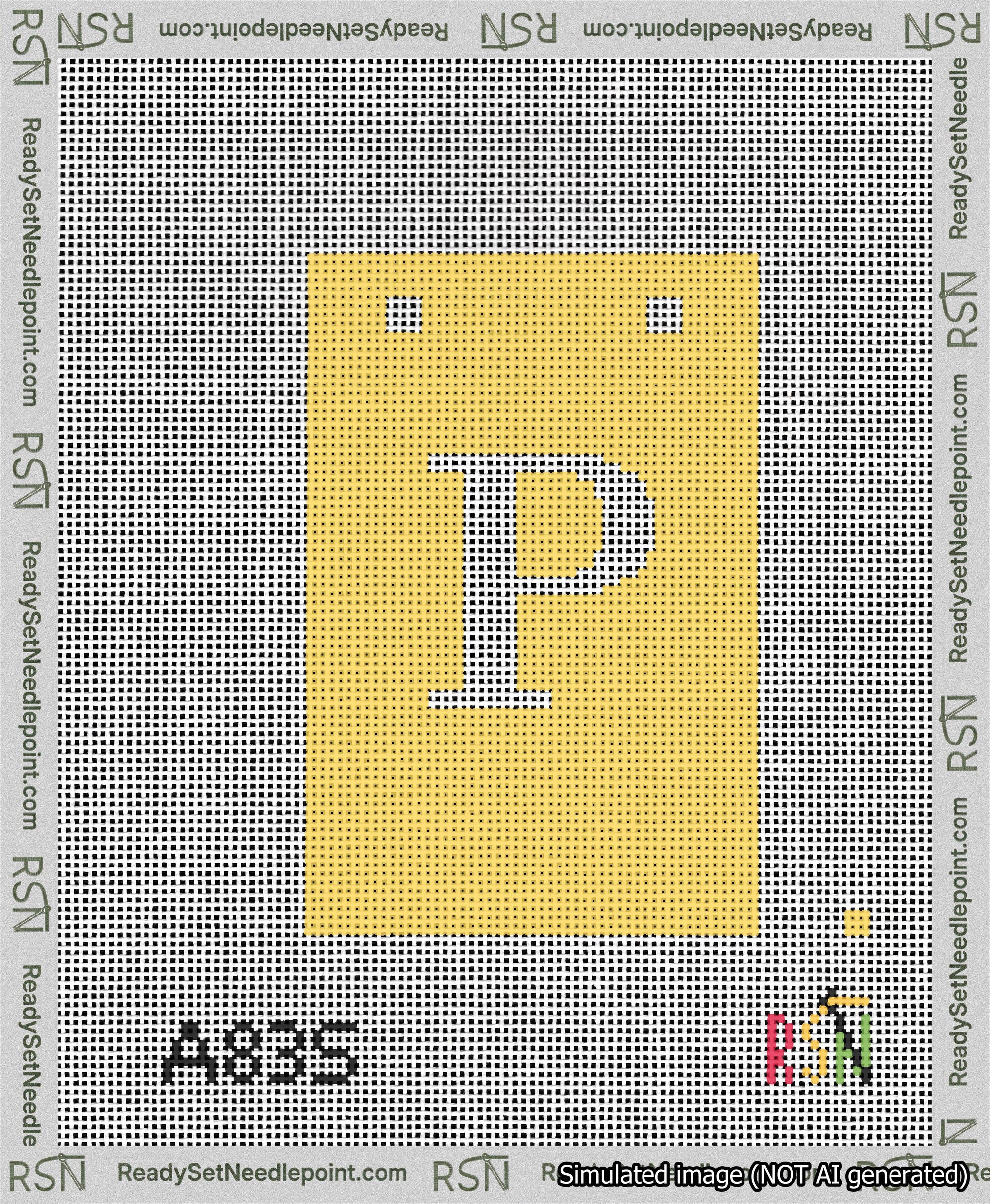 A taped needlepoint canvas with the design: Banner 13 mesh count Squared P White on Yellow.